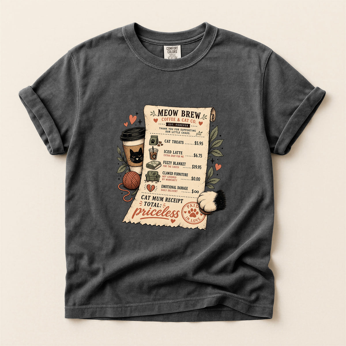 Meow Brew Receipt graphic tee in Pepper, folded flat lay