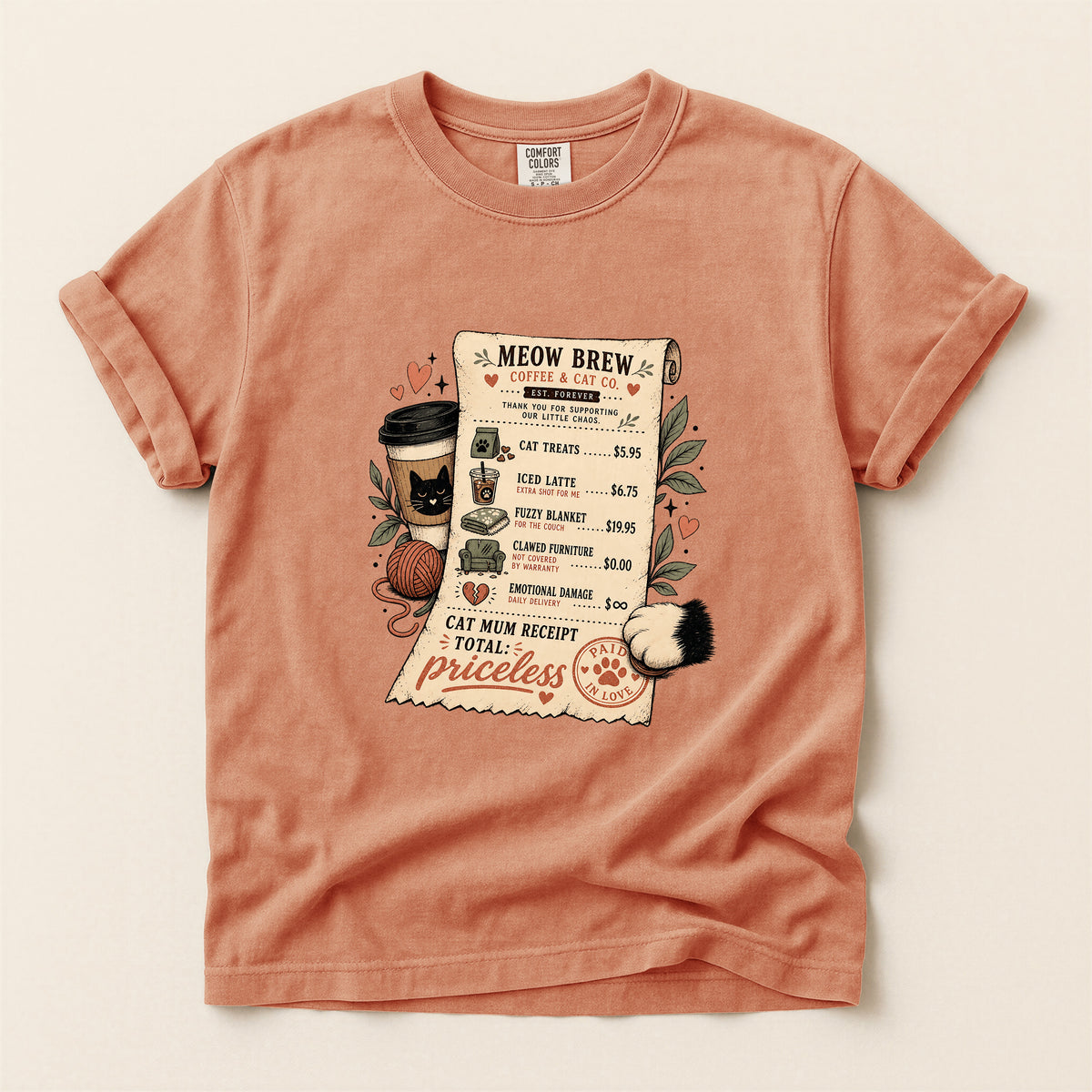 Meow Brew Receipt graphic tee in Terracotta, folded flat lay