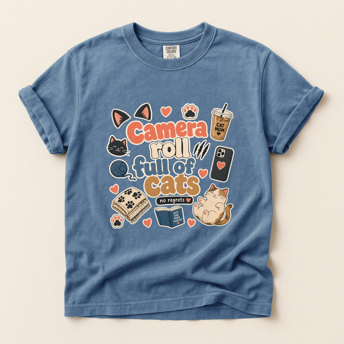 Camera Roll Full Of Cats graphic tee in Blue Jean, folded flat lay