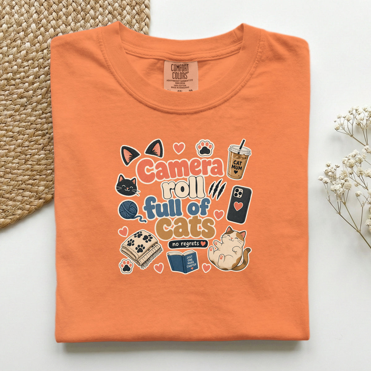 Camera Roll Full Of Cats graphic tee in Burnt Orange, folded flat lay