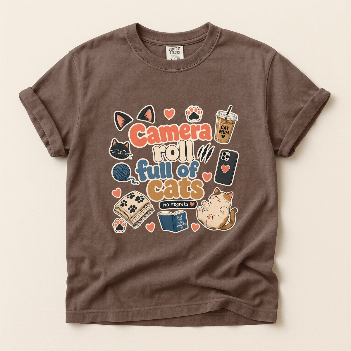 Camera Roll Full Of Cats graphic tee in Espresso, folded flat lay