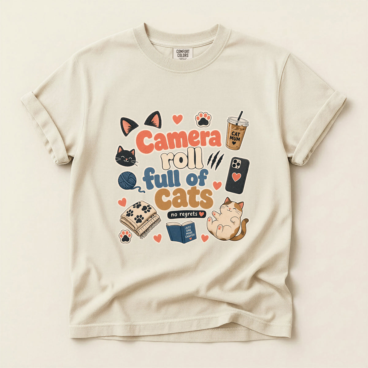 Camera Roll Full Of Cats graphic tee in Ivory, folded flat lay