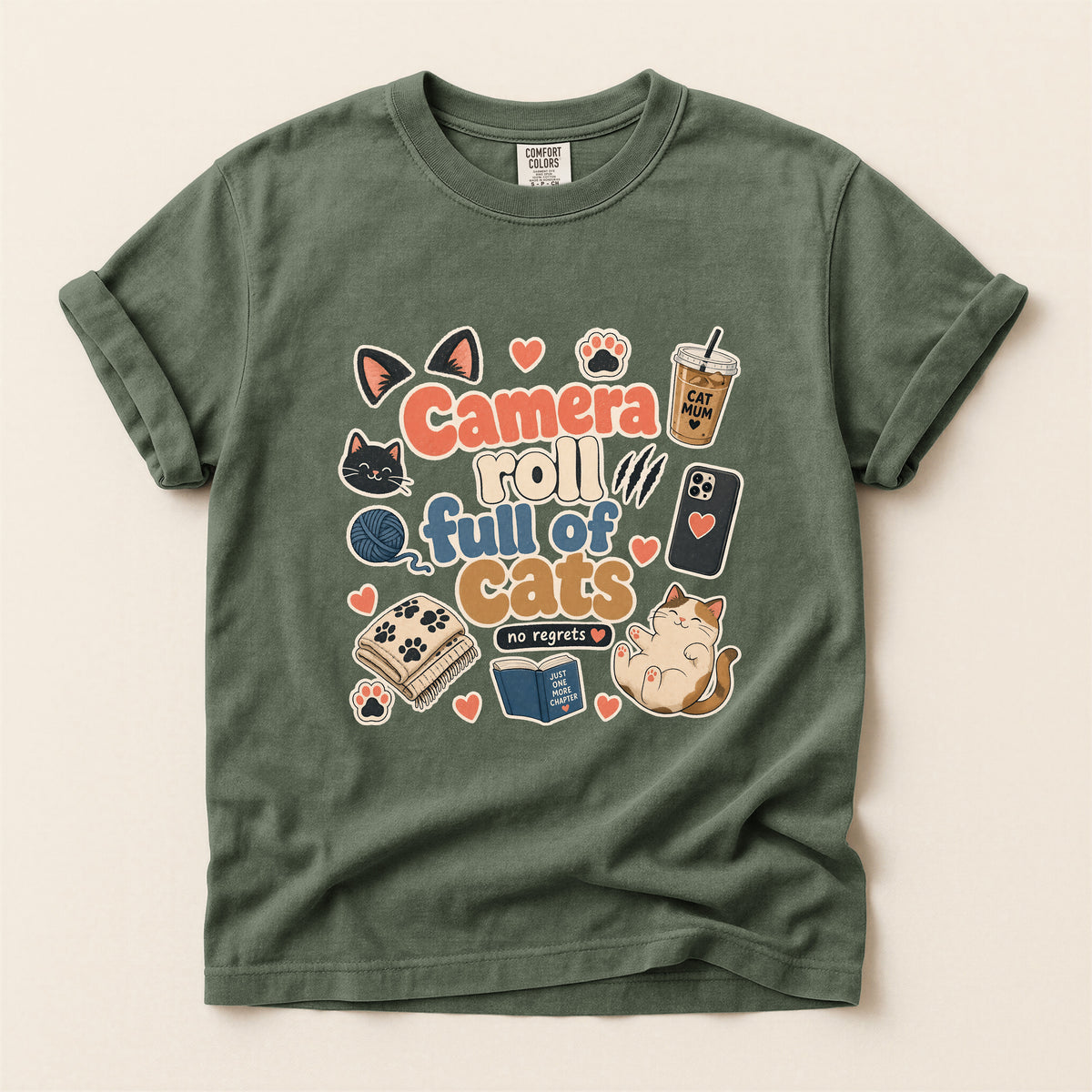Camera Roll Full Of Cats graphic tee in Moss, folded flat lay