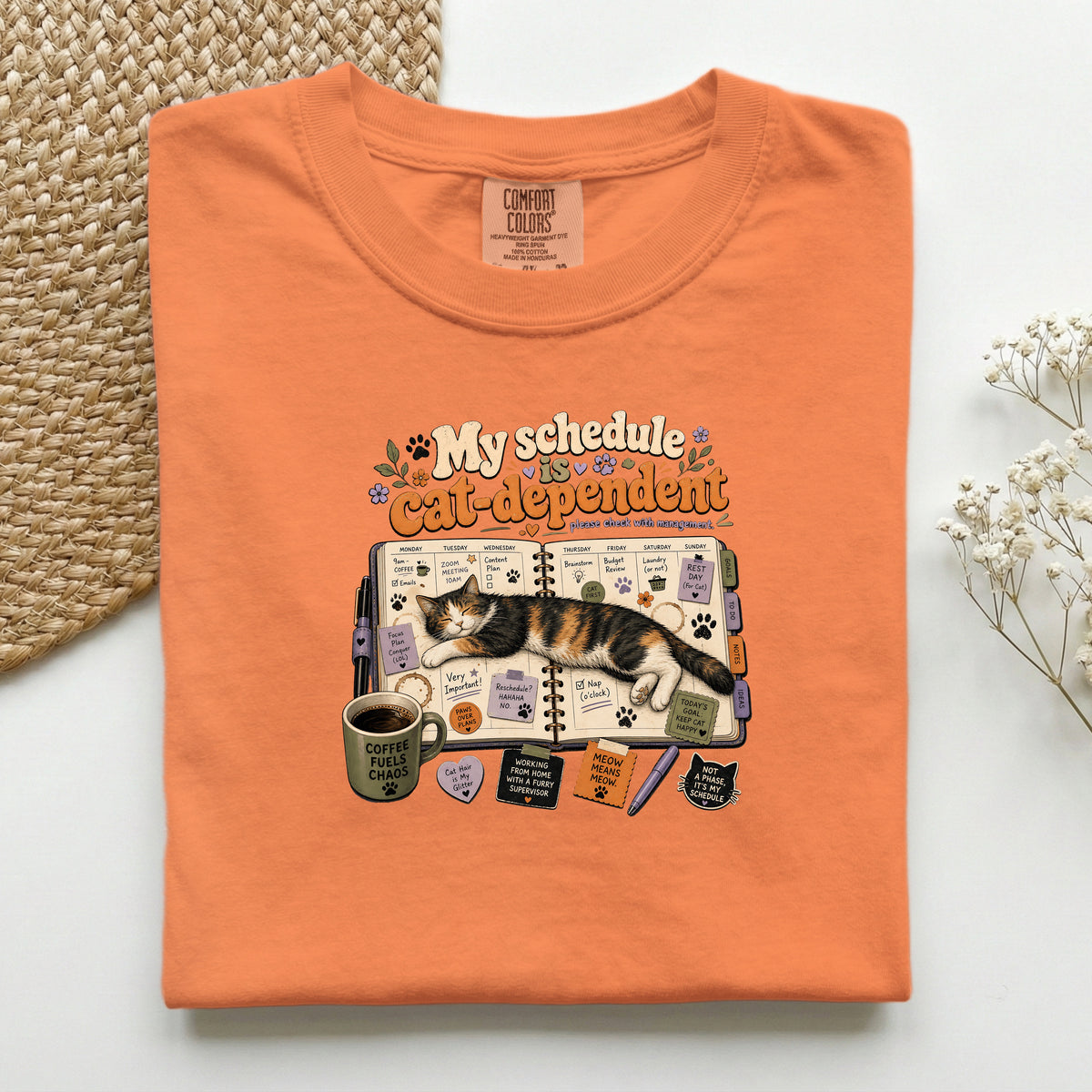Cat Dependent Schedule graphic tee in Burnt Orange, folded flat lay