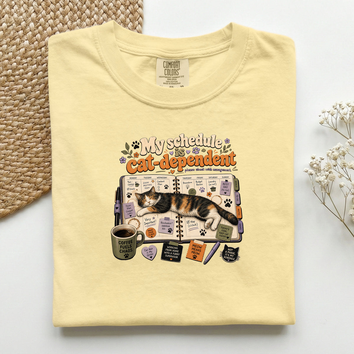 Cat Dependent Schedule graphic tee in Butter, folded flat lay