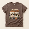 Cat Dependent Schedule graphic tee in Espresso, folded flat lay