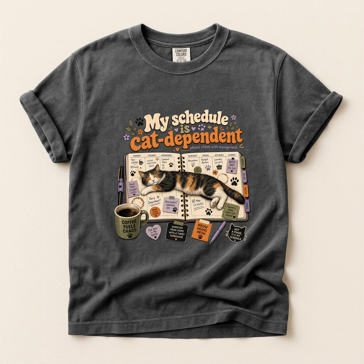 Cat Dependent Schedule graphic tee in Pepper, folded flat lay