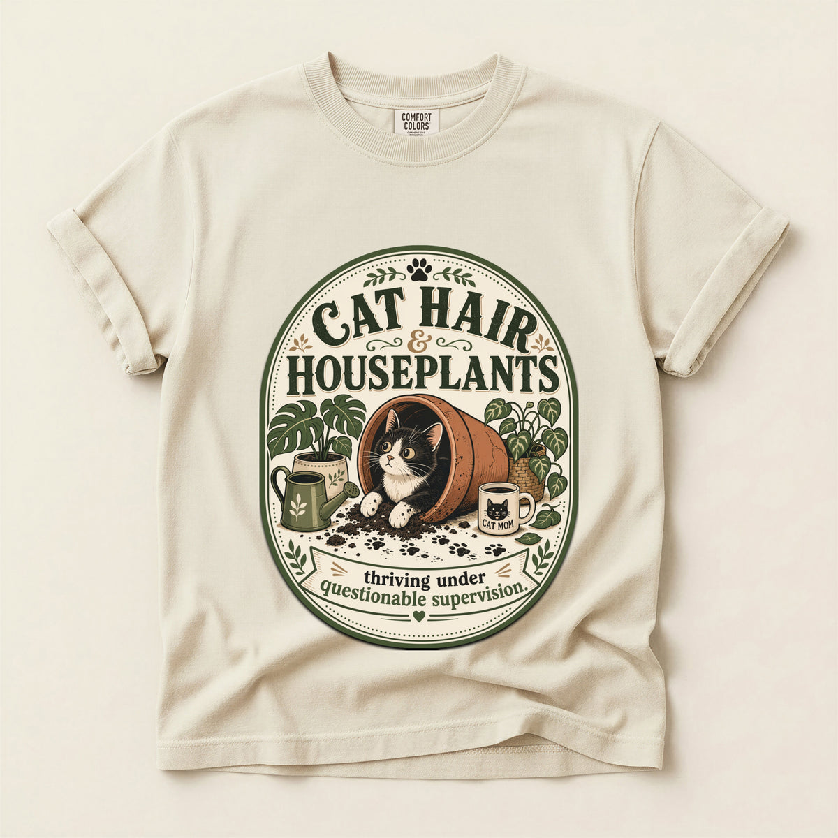 Cat Hair & Houseplants graphic tee in Ivory, folded flat lay