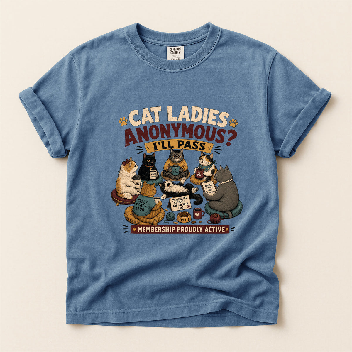 Cat Ladies Anonymous graphic tee in Blue Jean, folded flat lay