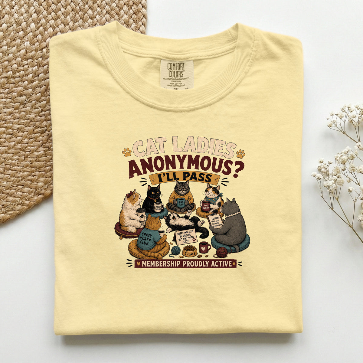 Cat Ladies Anonymous graphic tee in Butter, folded flat lay