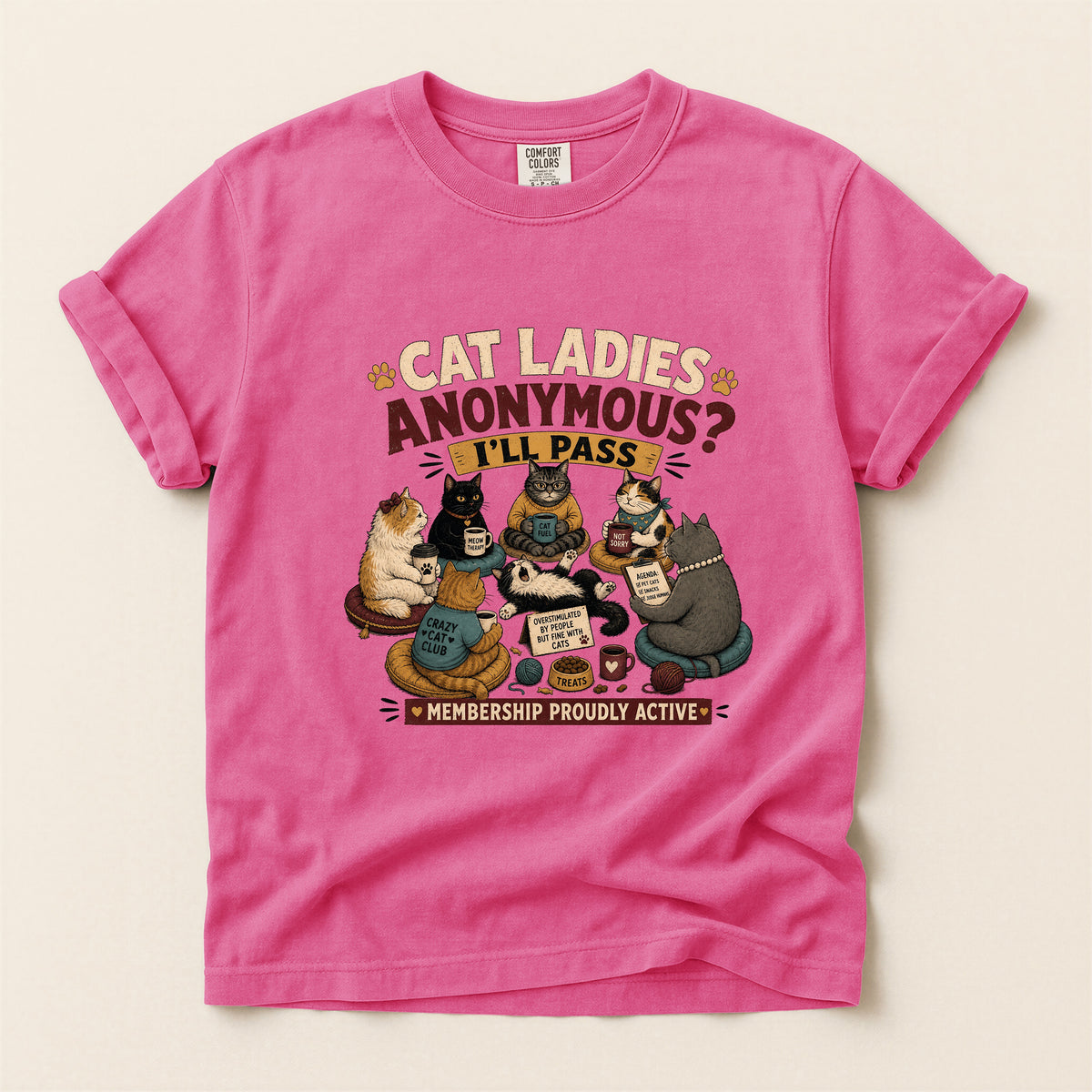 Cat Ladies Anonymous graphic tee in Crunchberry, folded flat lay