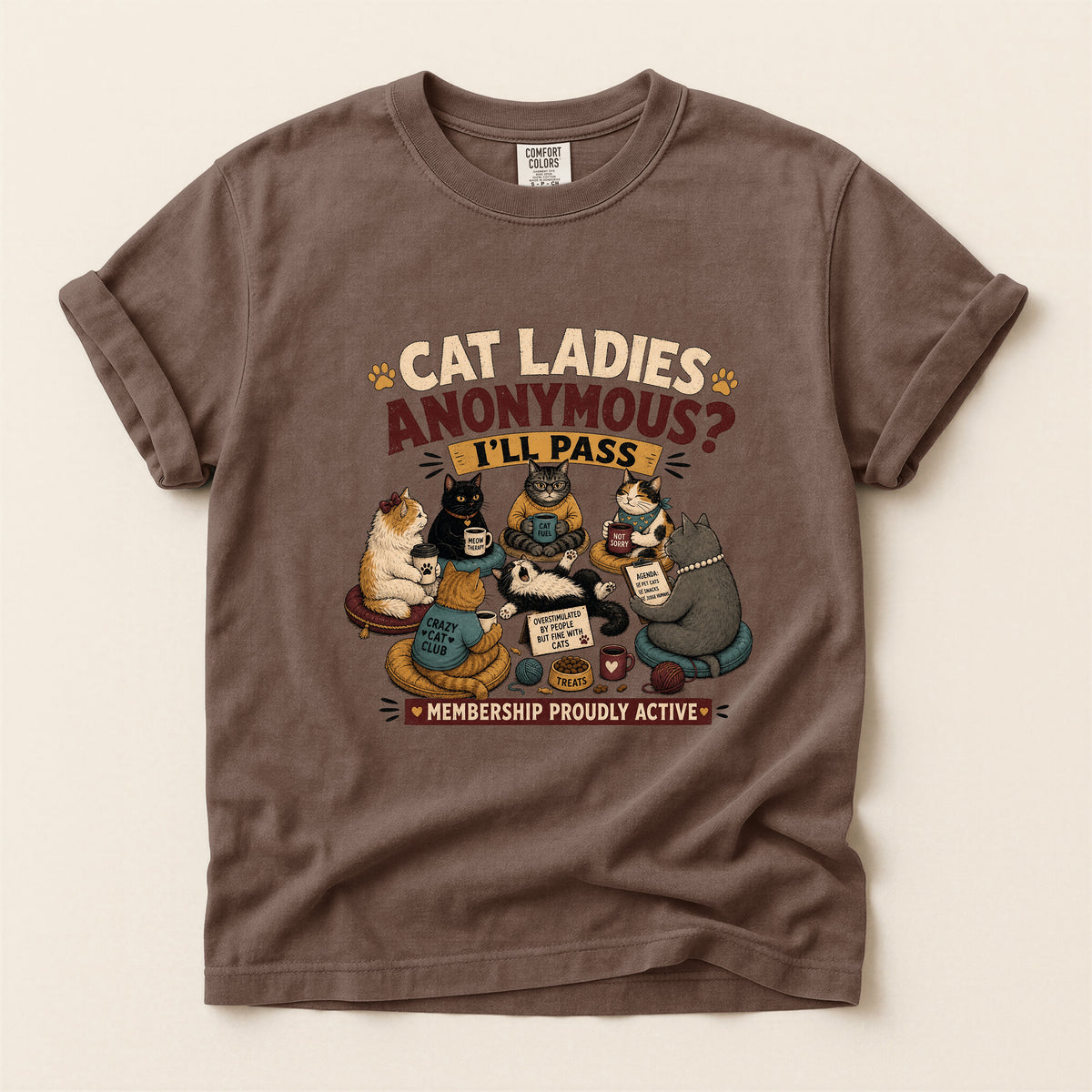 Cat Ladies Anonymous graphic tee in Espresso, folded flat lay