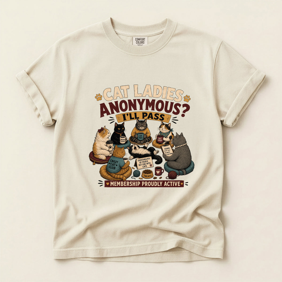 Cat Ladies Anonymous graphic tee in Ivory, folded flat lay