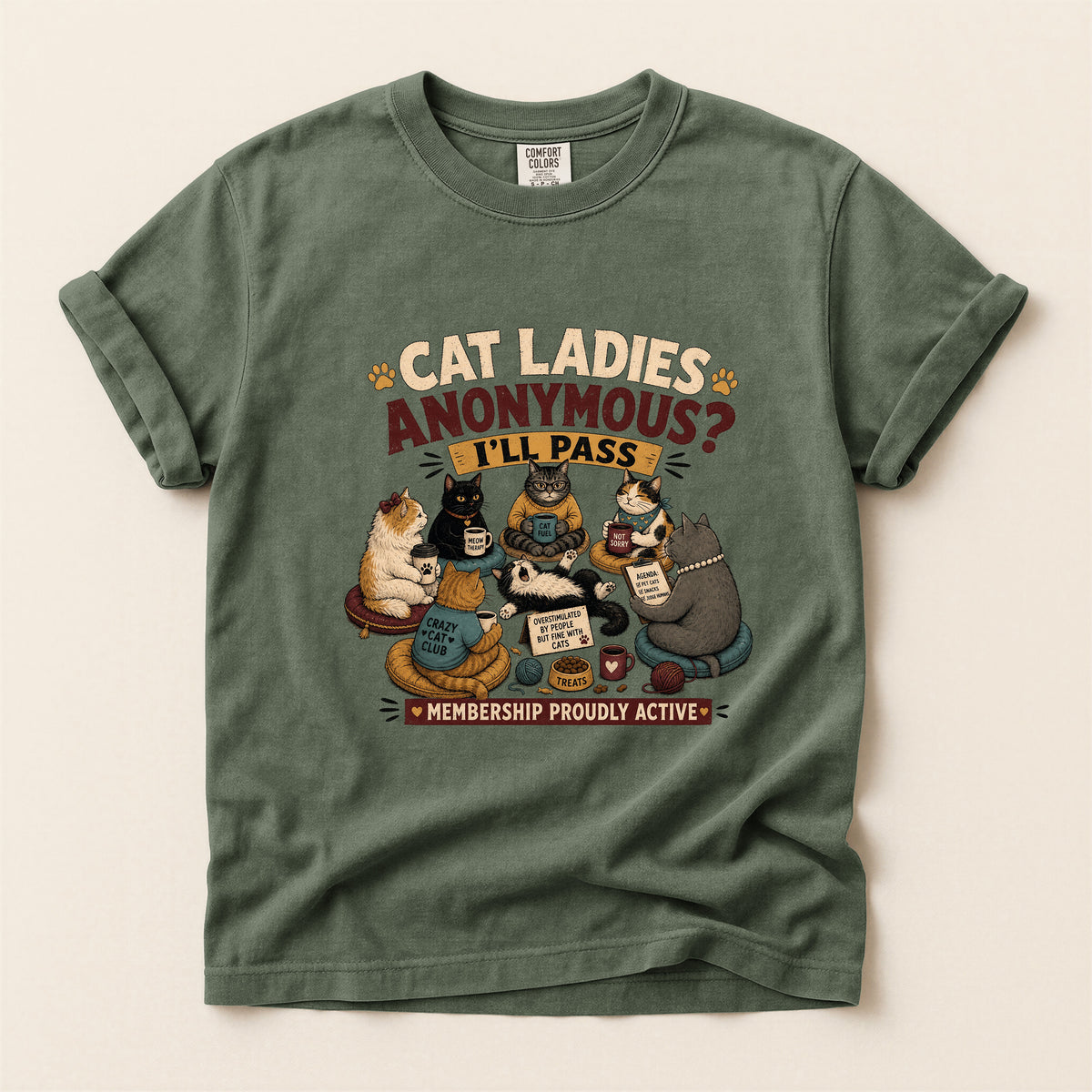 Cat Ladies Anonymous graphic tee in Moss, folded flat lay