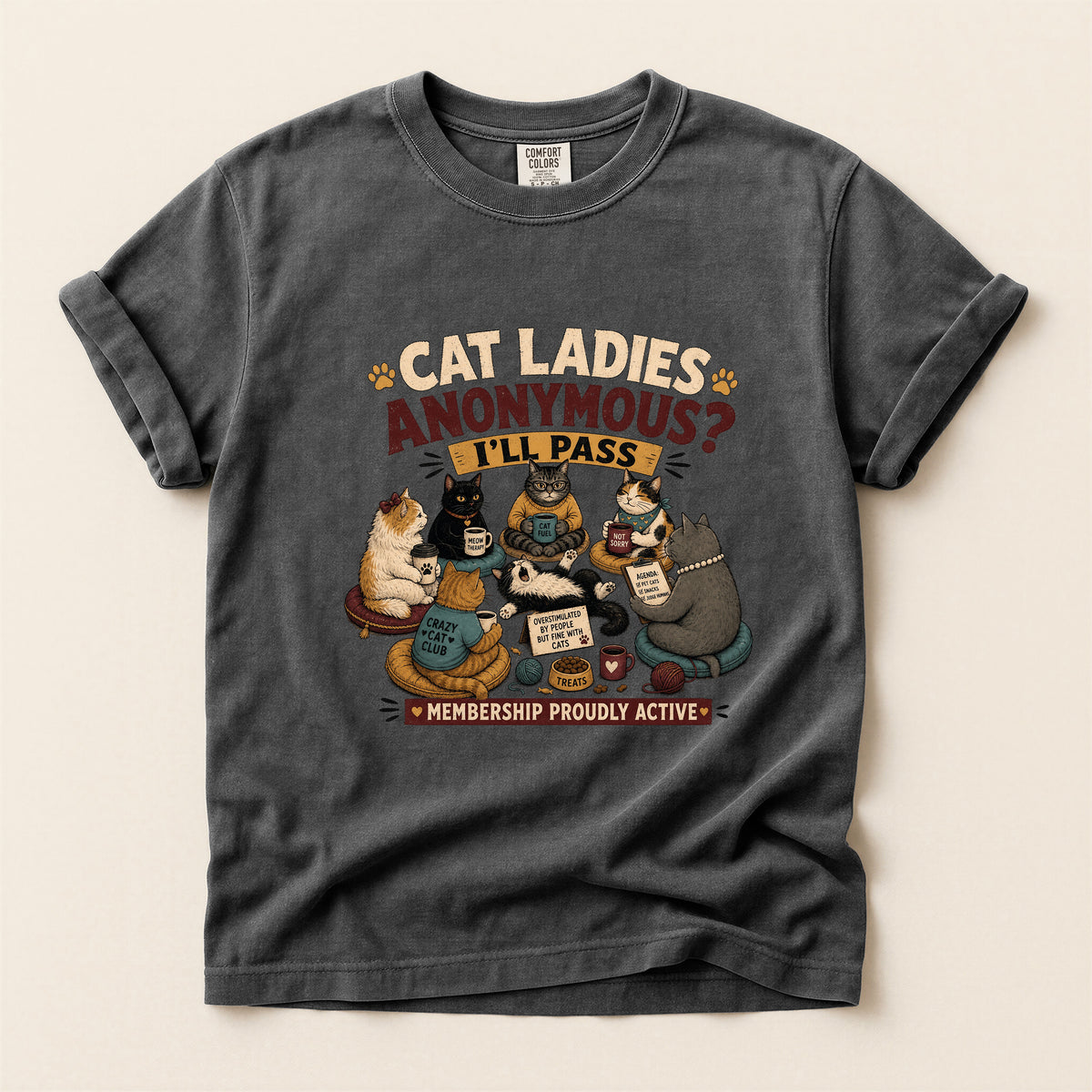 Cat Ladies Anonymous graphic tee in Pepper, folded flat lay