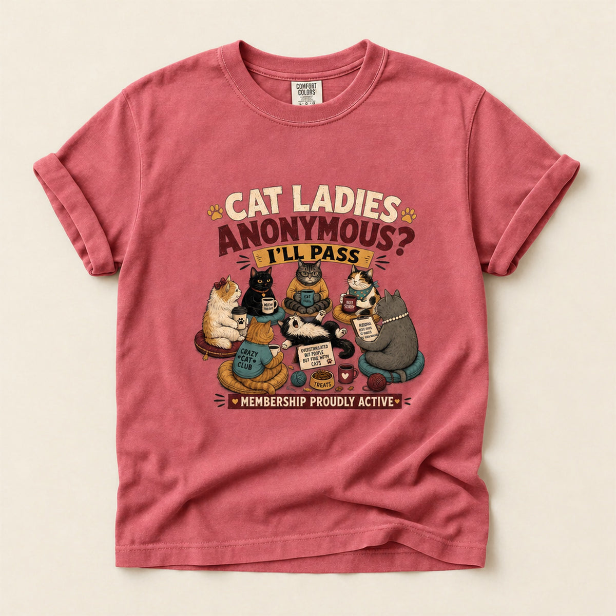 Cat Ladies Anonymous graphic tee in Watermelon, folded flat lay