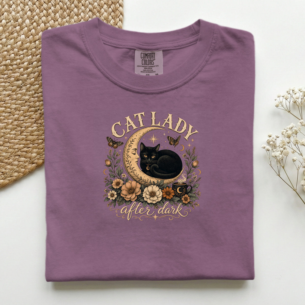 Cat Lady After Dark graphic tee in Berry, folded flat lay