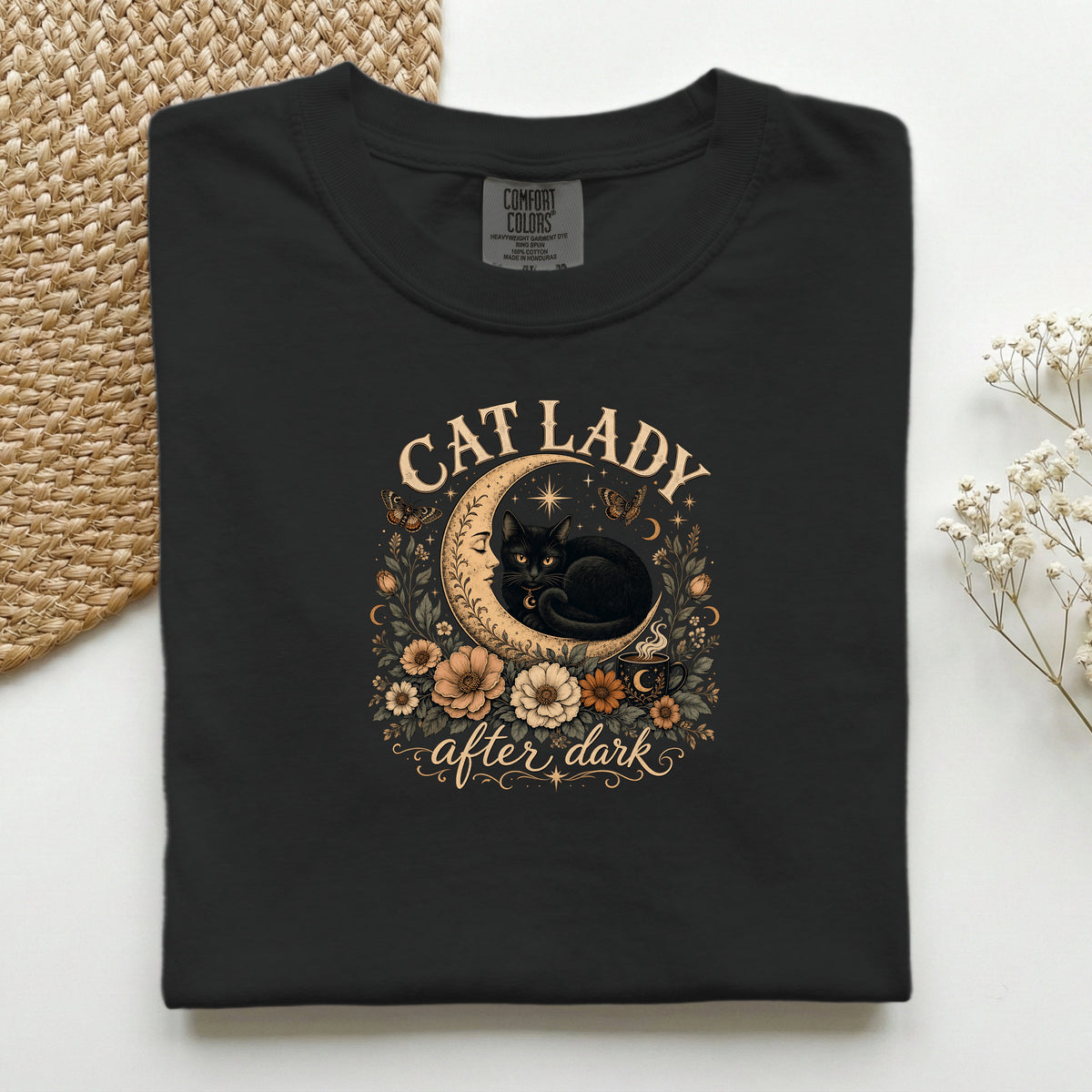 Cat Lady After Dark graphic tee in Black, folded flat lay