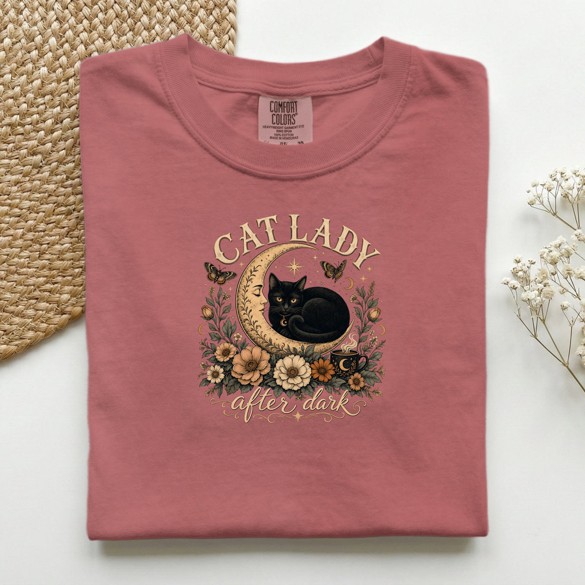 Cat Lady After Dark graphic tee in Crimson, folded flat lay