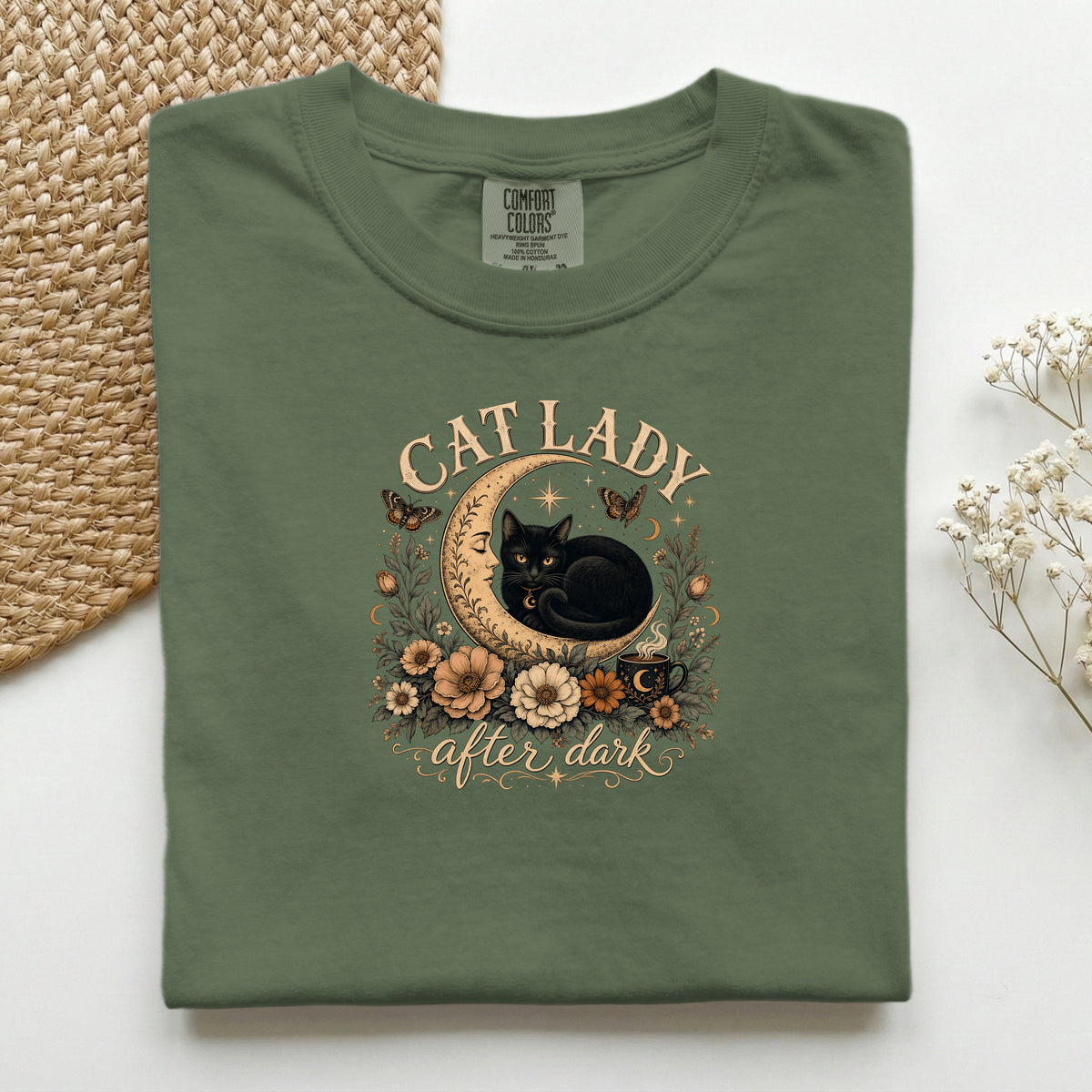 Cat Lady After Dark graphic tee in Hemp, folded flat lay