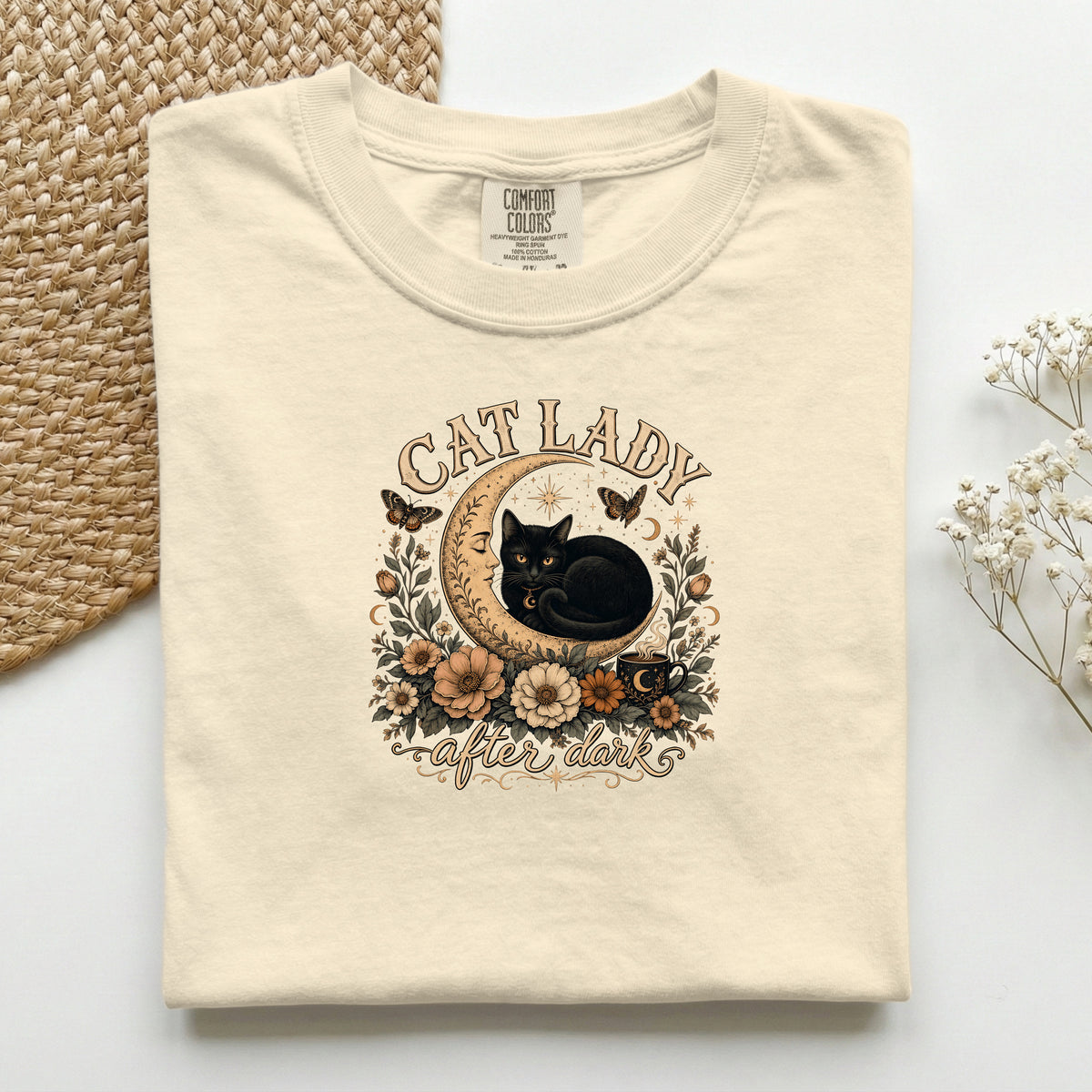 Cat Lady After Dark graphic tee in Ivory, folded flat lay