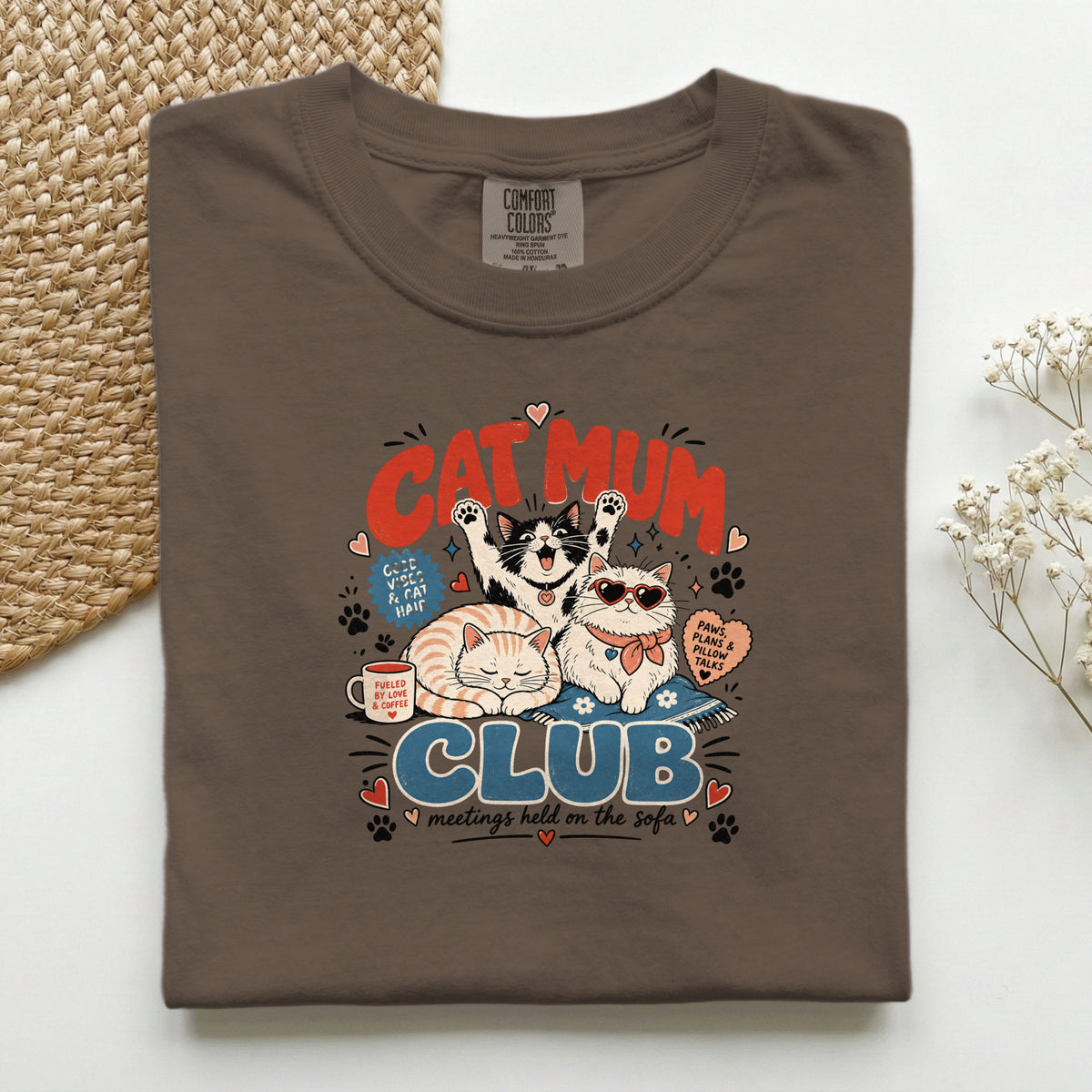 Cat Mum Club graphic tee in Espresso, folded flat lay