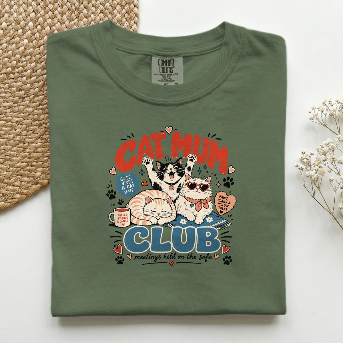 Cat Mum Club graphic tee in Hemp, folded flat lay