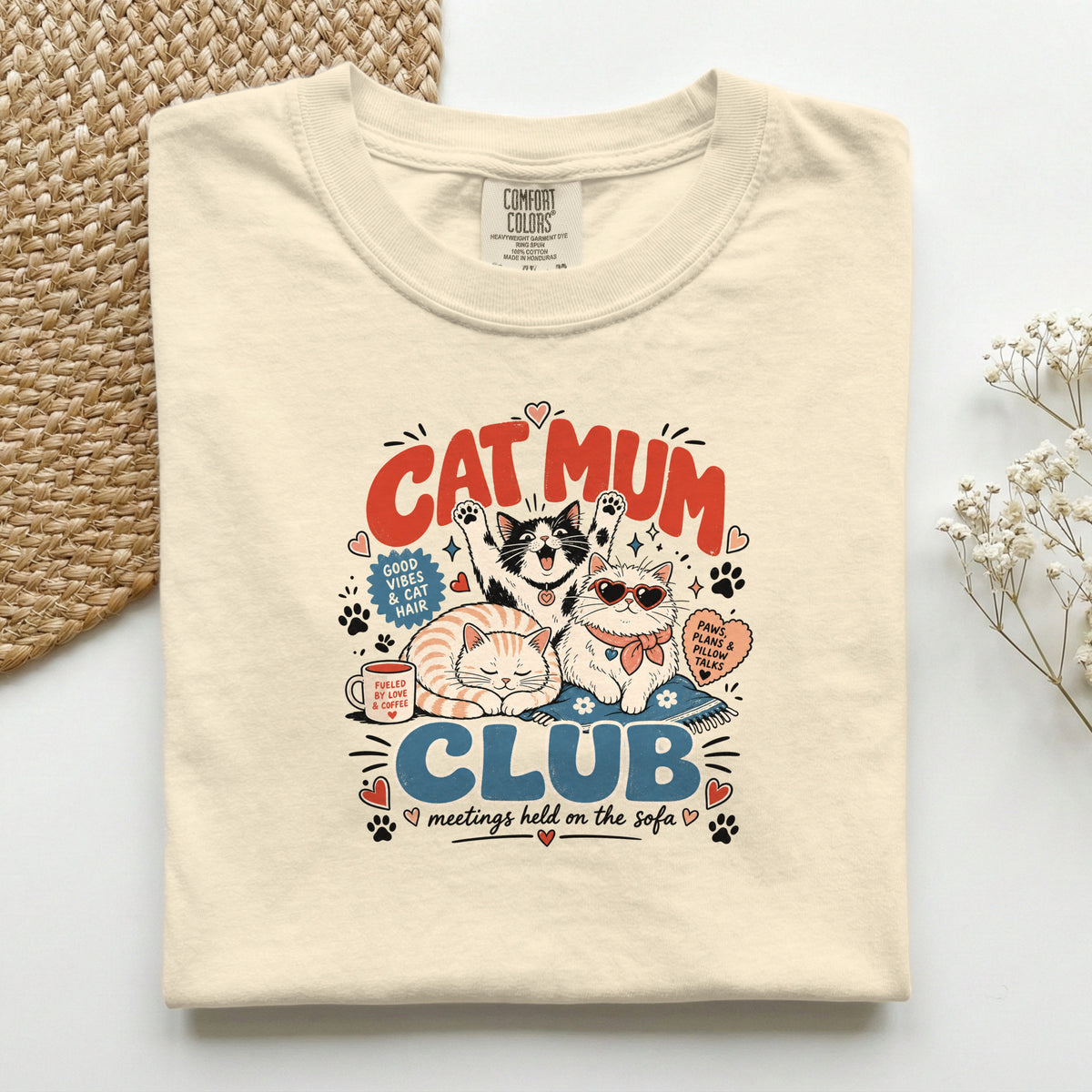 Cat Mum Club graphic tee in Ivory, folded flat lay