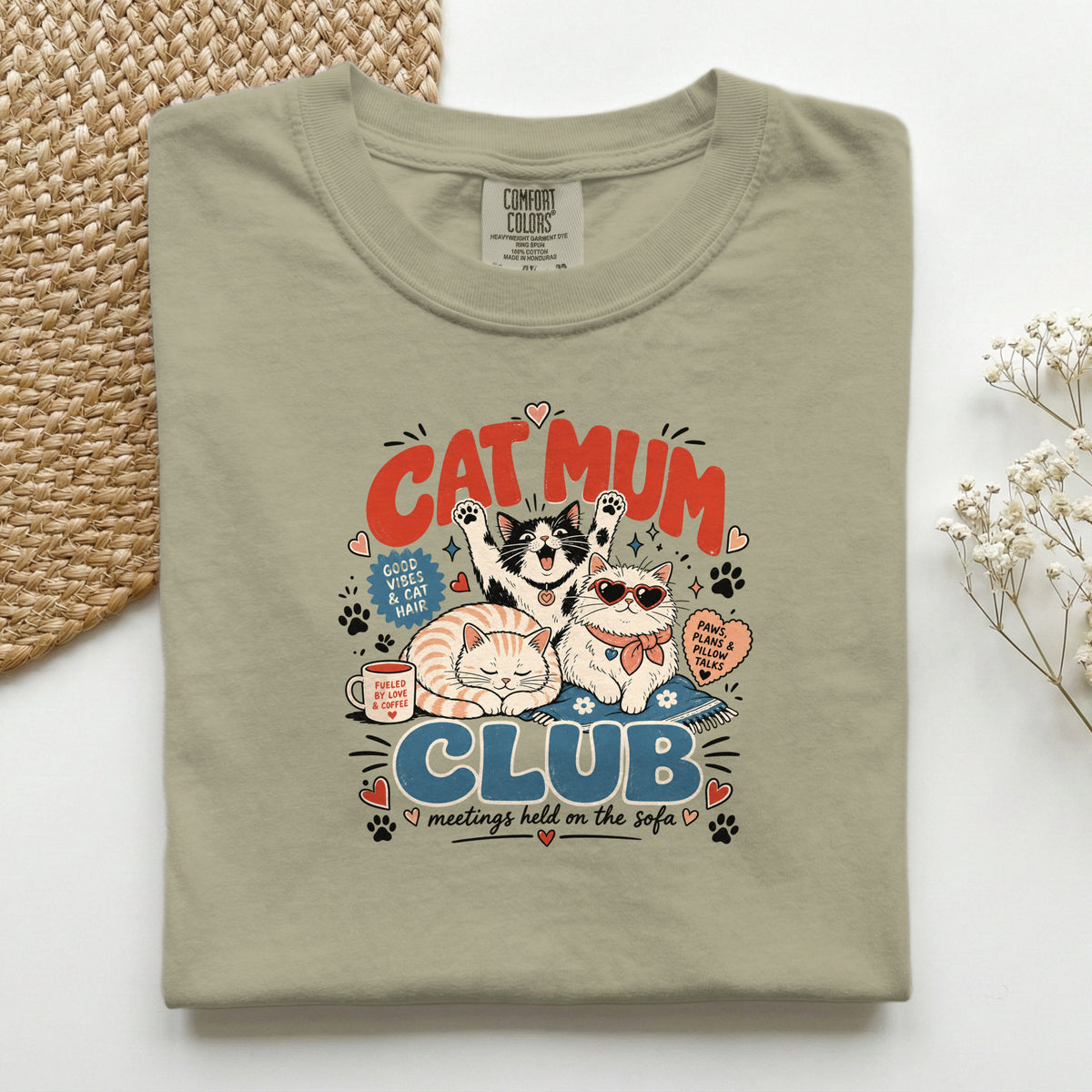 Cat Mum Club graphic tee in Khaki, folded flat lay