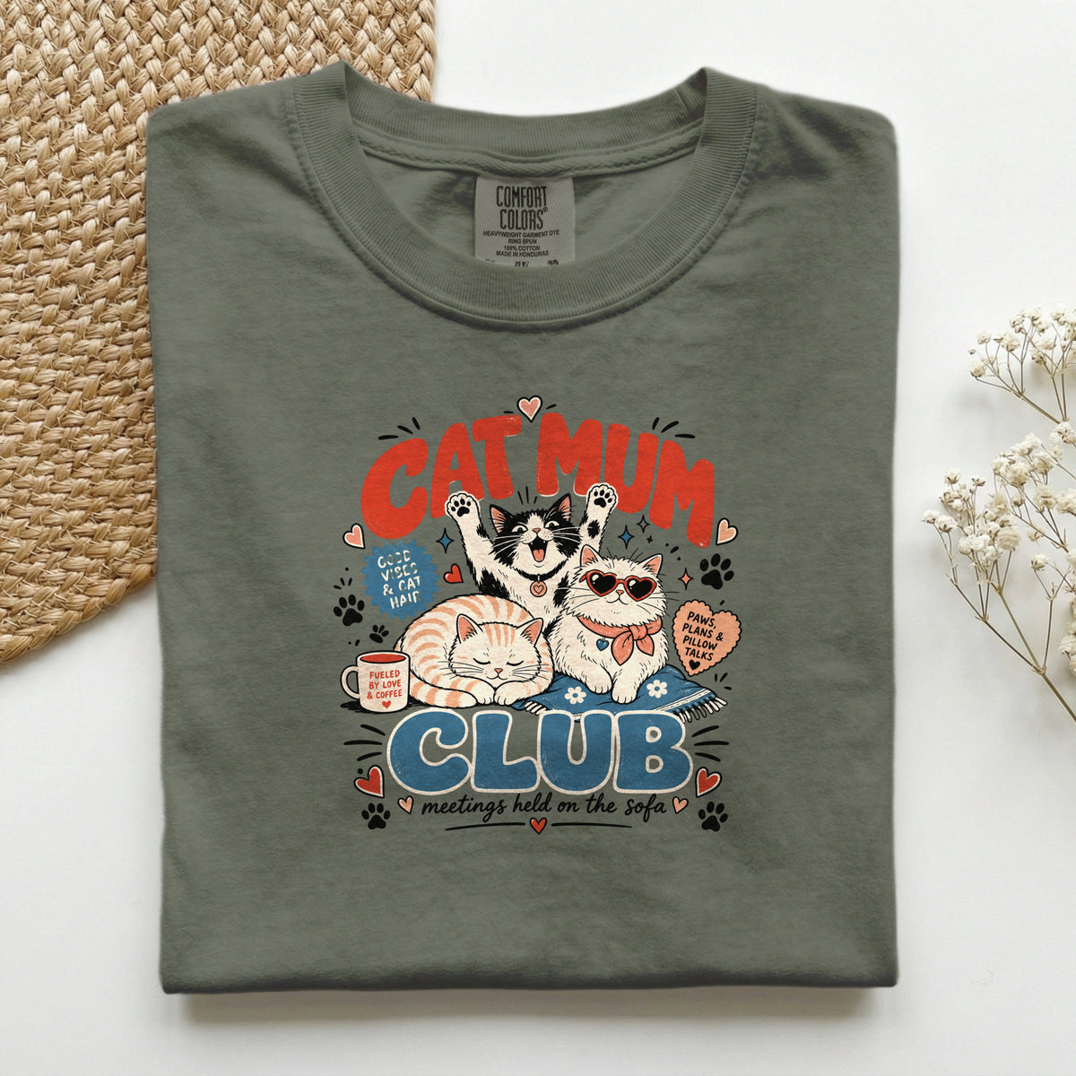 Cat Mum Club graphic tee in Moss, folded flat lay