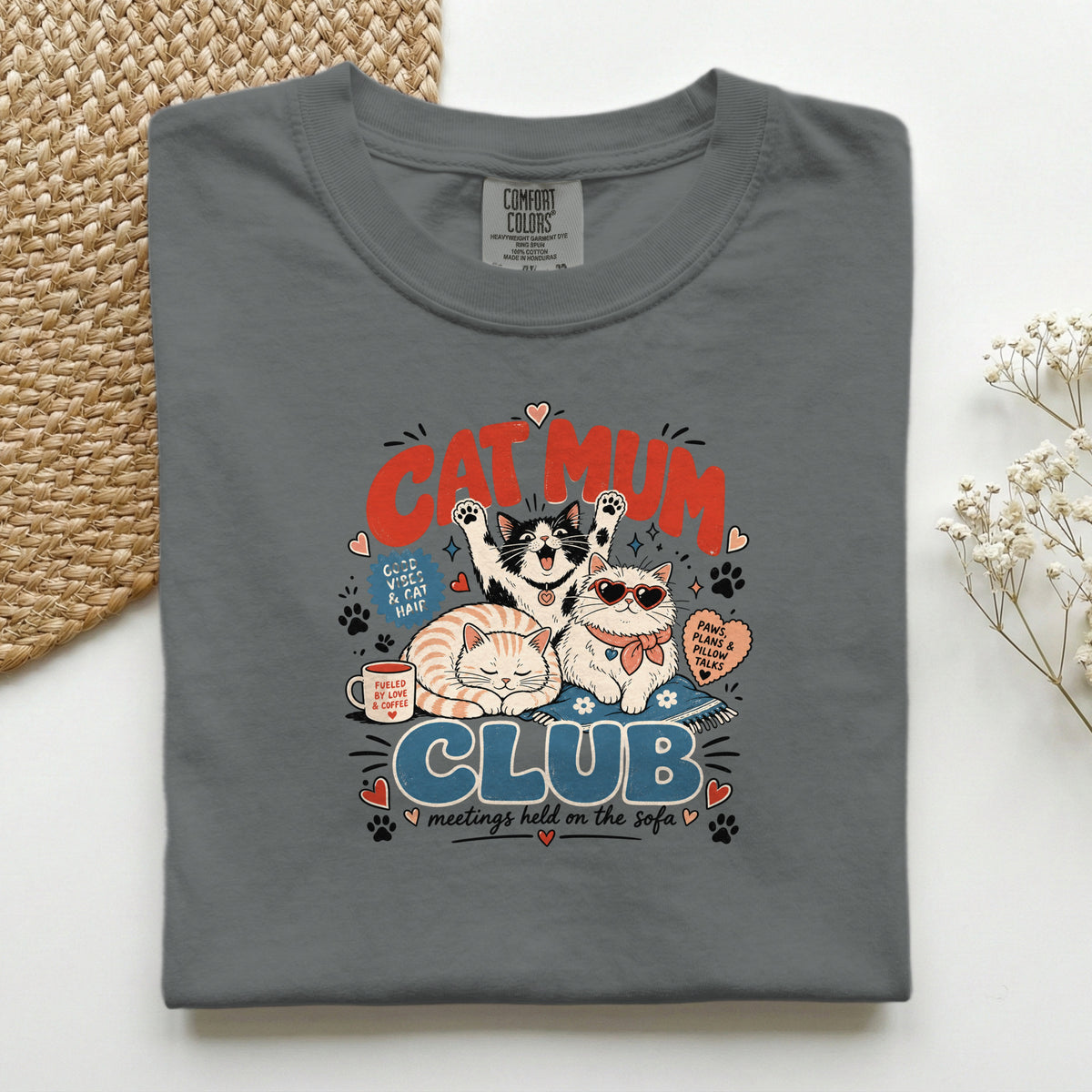 Cat Mum Club graphic tee in Pepper, folded flat lay