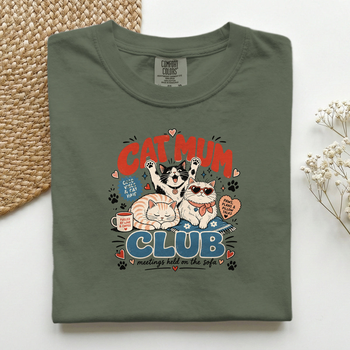 Cat Mum Club graphic tee in Sage, folded flat lay