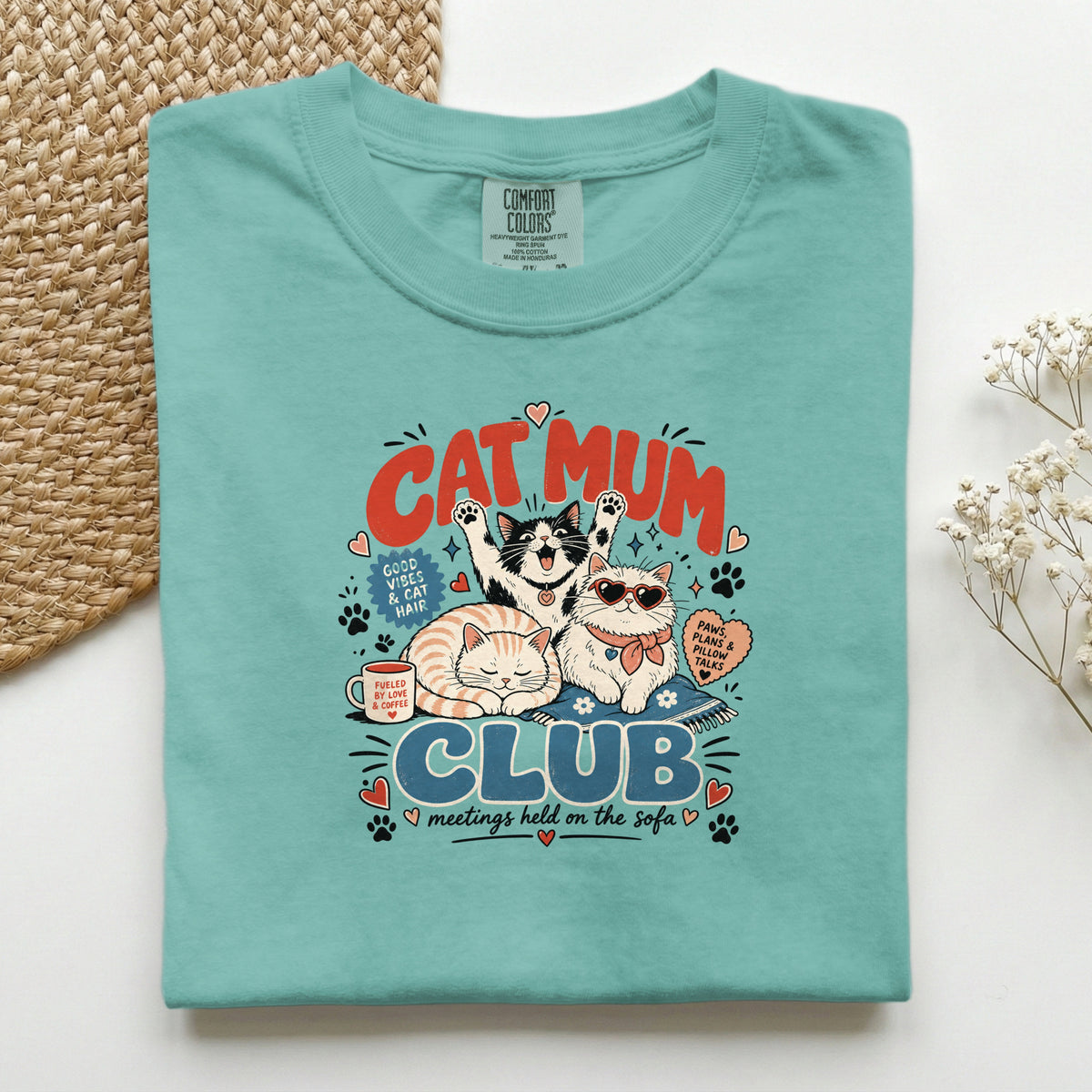Cat Mum Club graphic tee in Seafoam, folded flat lay