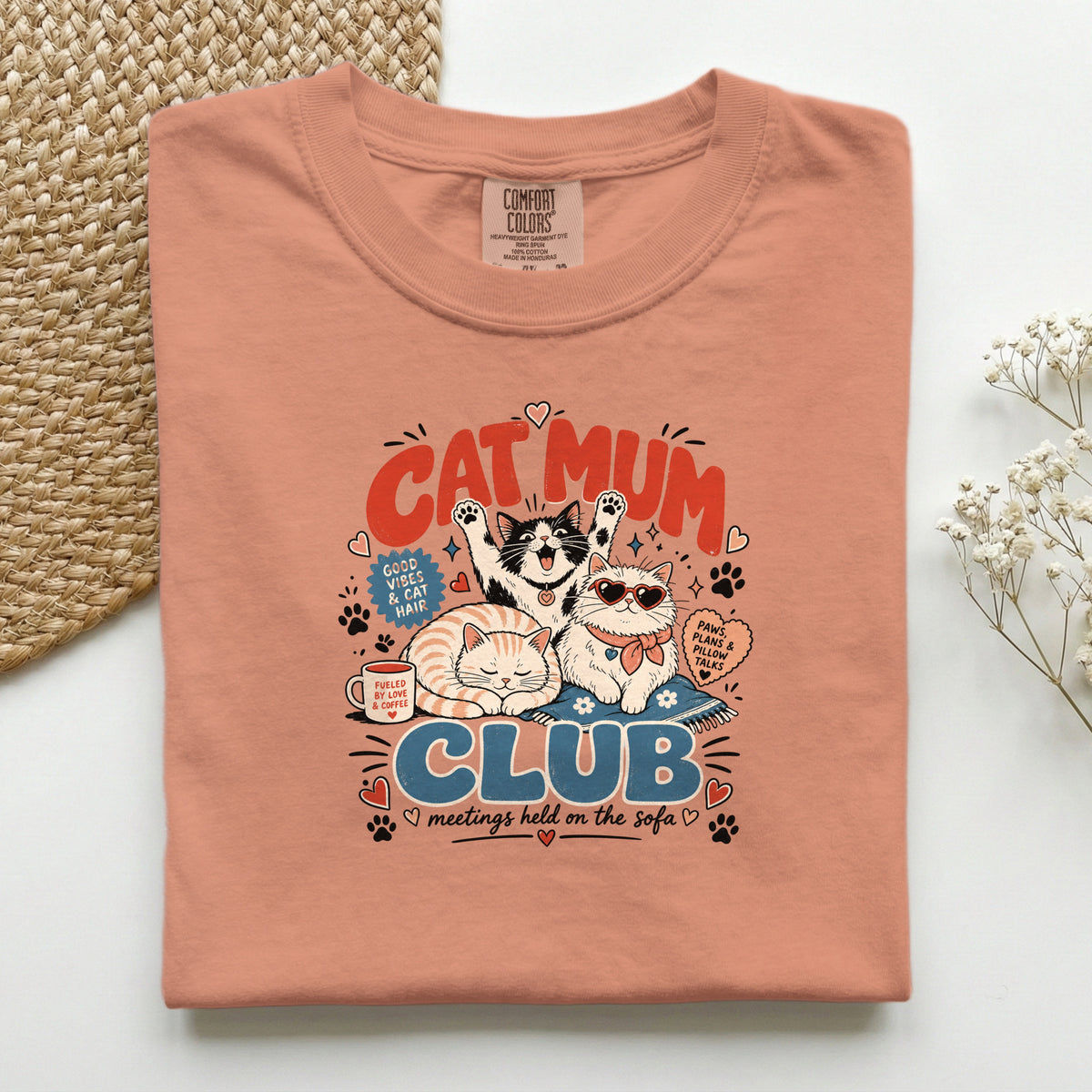 Cat Mum Club graphic tee in Terracotta, folded flat lay