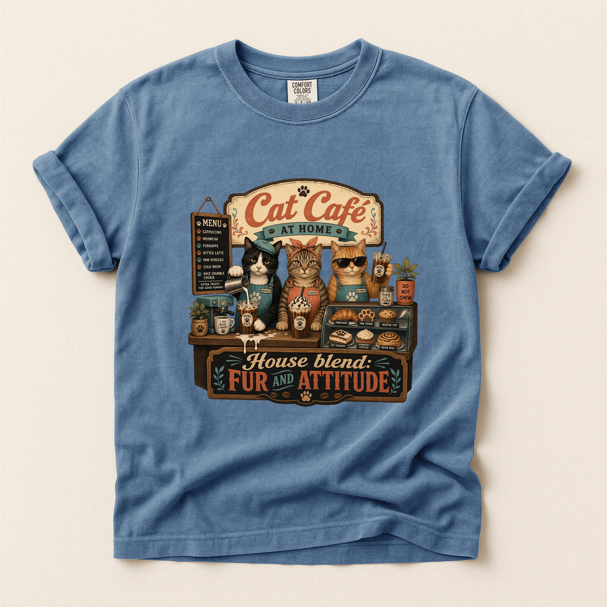 Cat Cafe At Home – Blue Jean Comfort Colors tee