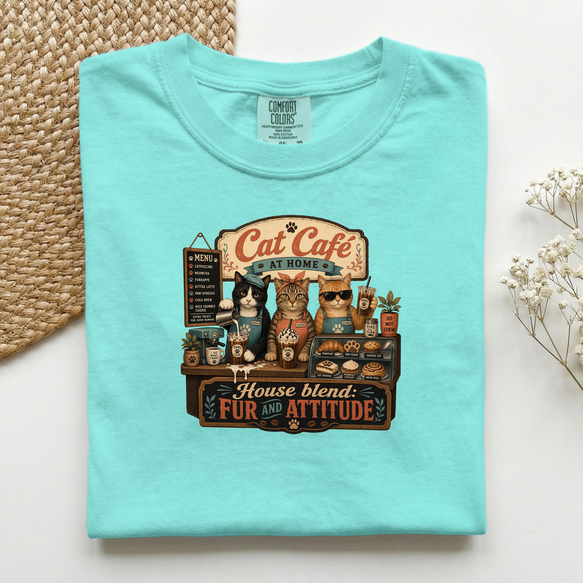 Cat Cafe At Home – Chalky Mint Comfort Colors tee