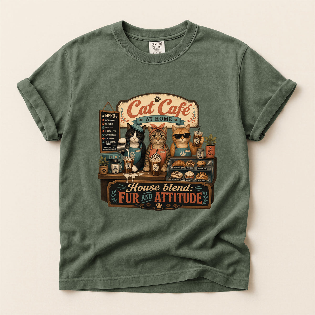 Cat Cafe At Home – Moss Comfort Colors tee