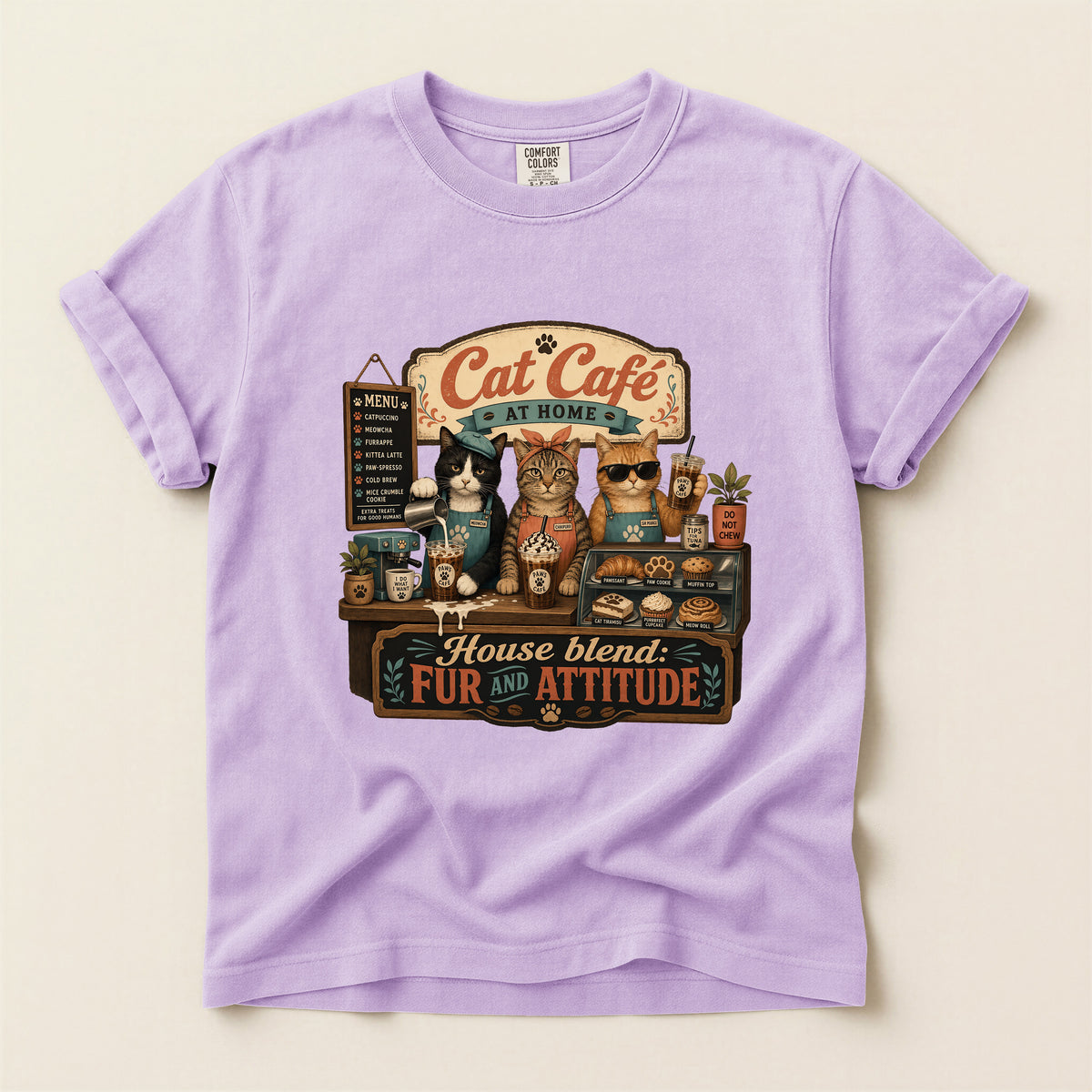 Cat Cafe At Home – Orchid Comfort Colors tee