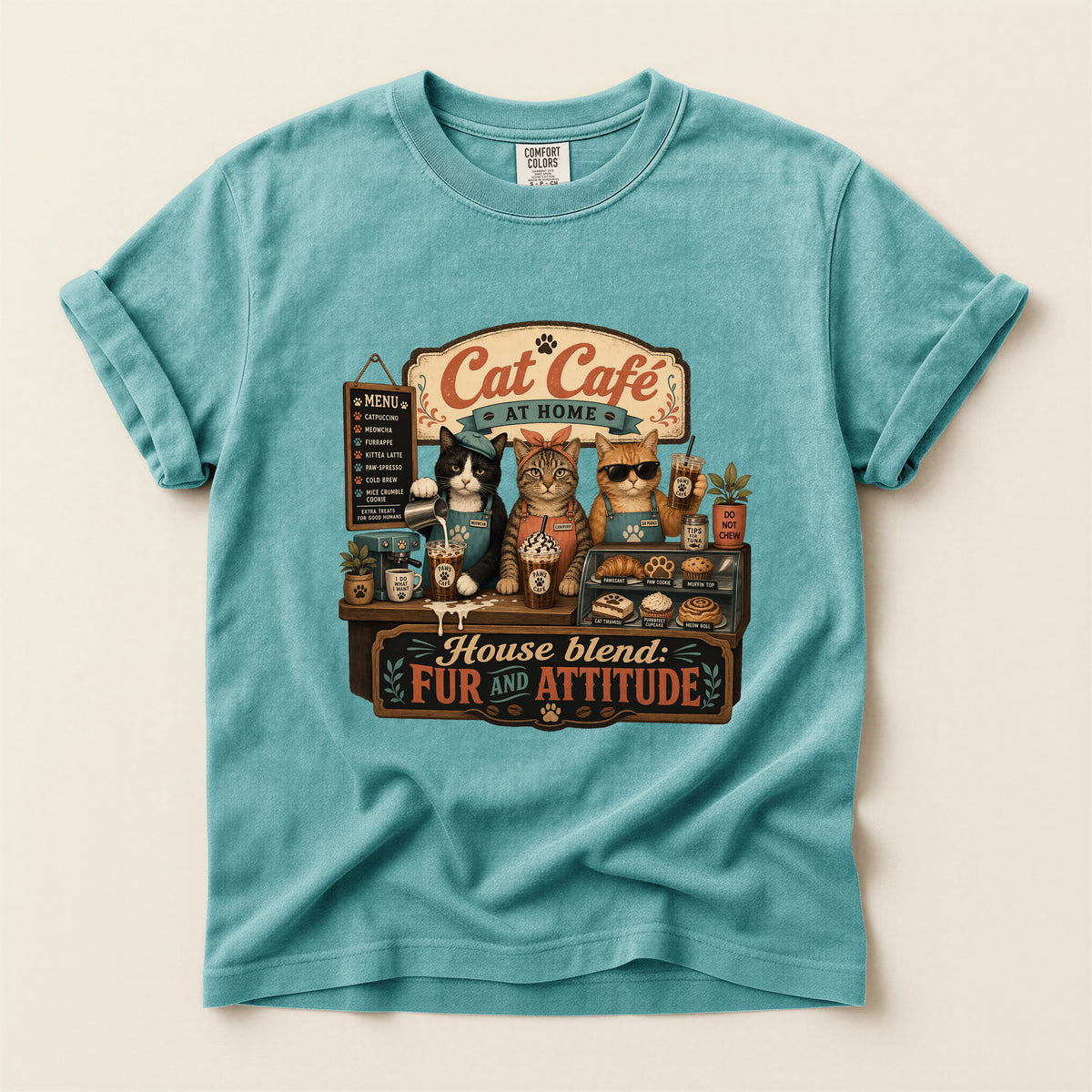 Cat Cafe At Home – Seafoam Comfort Colors tee