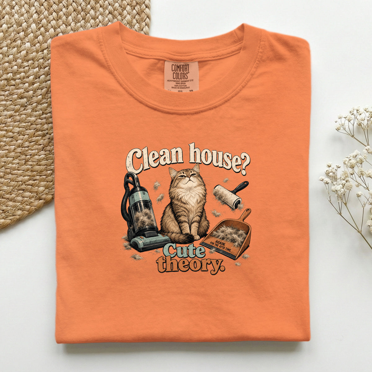 Clean House Cute Theory graphic tee in Burnt Orange, folded flat lay