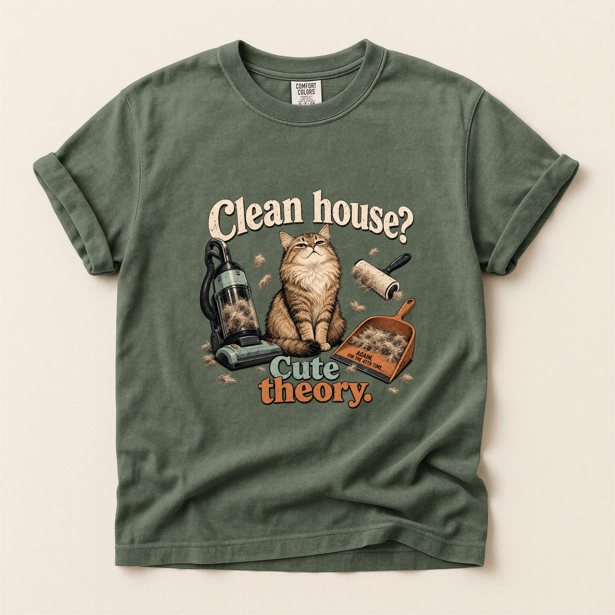 Clean House Cute Theory graphic tee in Moss, folded flat lay