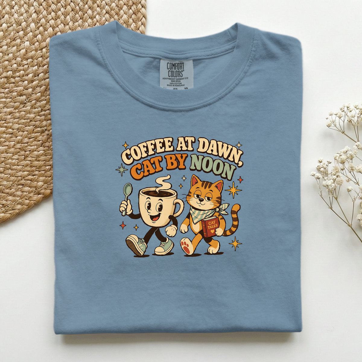 Coffee at Dawn, Cat by Noon Comfort Colors tee in Blue Jean – cat mum coffee gift