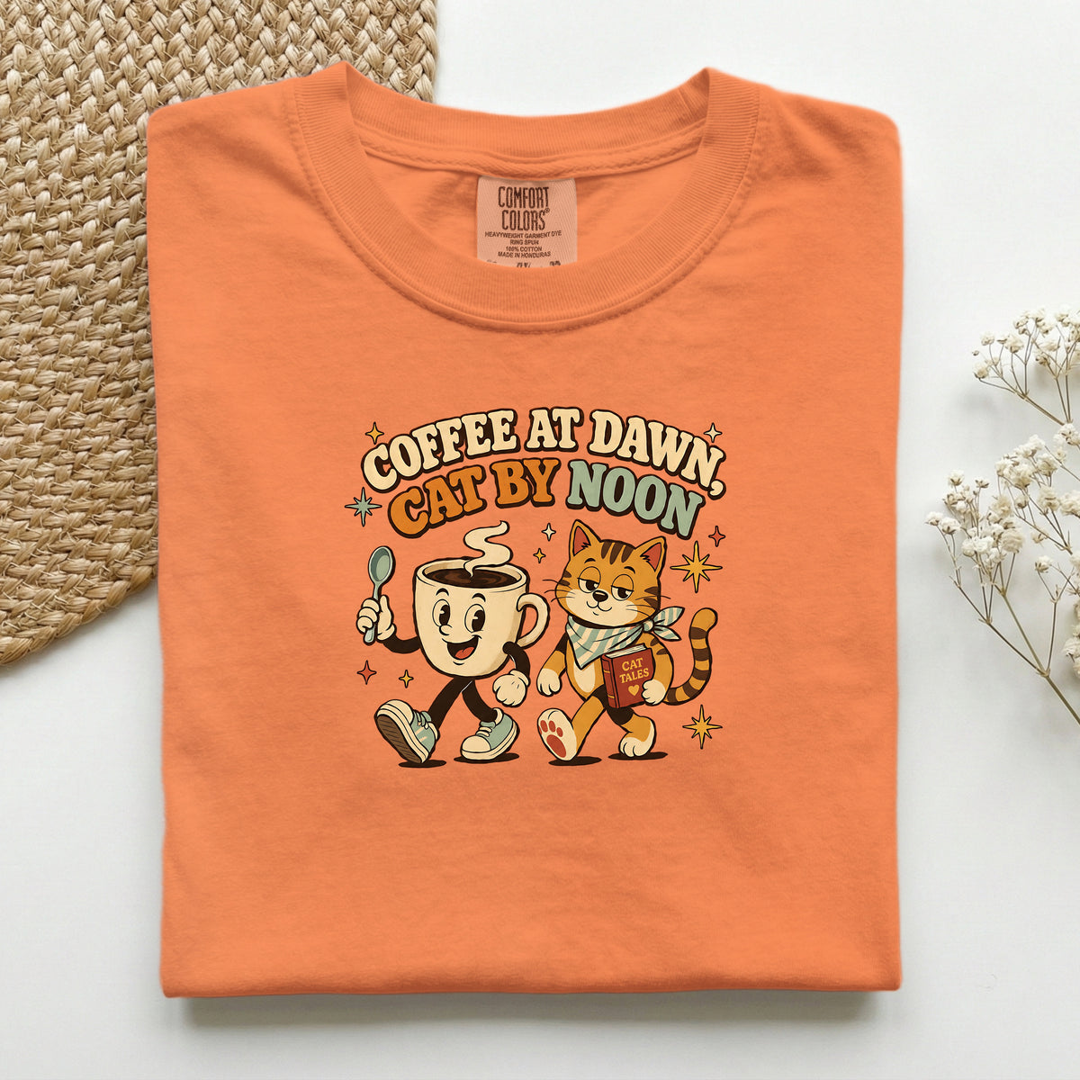 Coffee at Dawn, Cat by Noon Comfort Colors tee in Burnt Orange – cat mum coffee gift