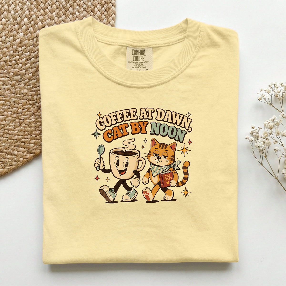 Coffee at Dawn, Cat by Noon Comfort Colors tee in Butter – cat mum coffee gift