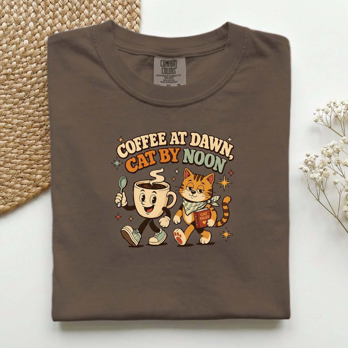 Coffee at Dawn, Cat by Noon Comfort Colors tee in Espresso – cat mum coffee gift
