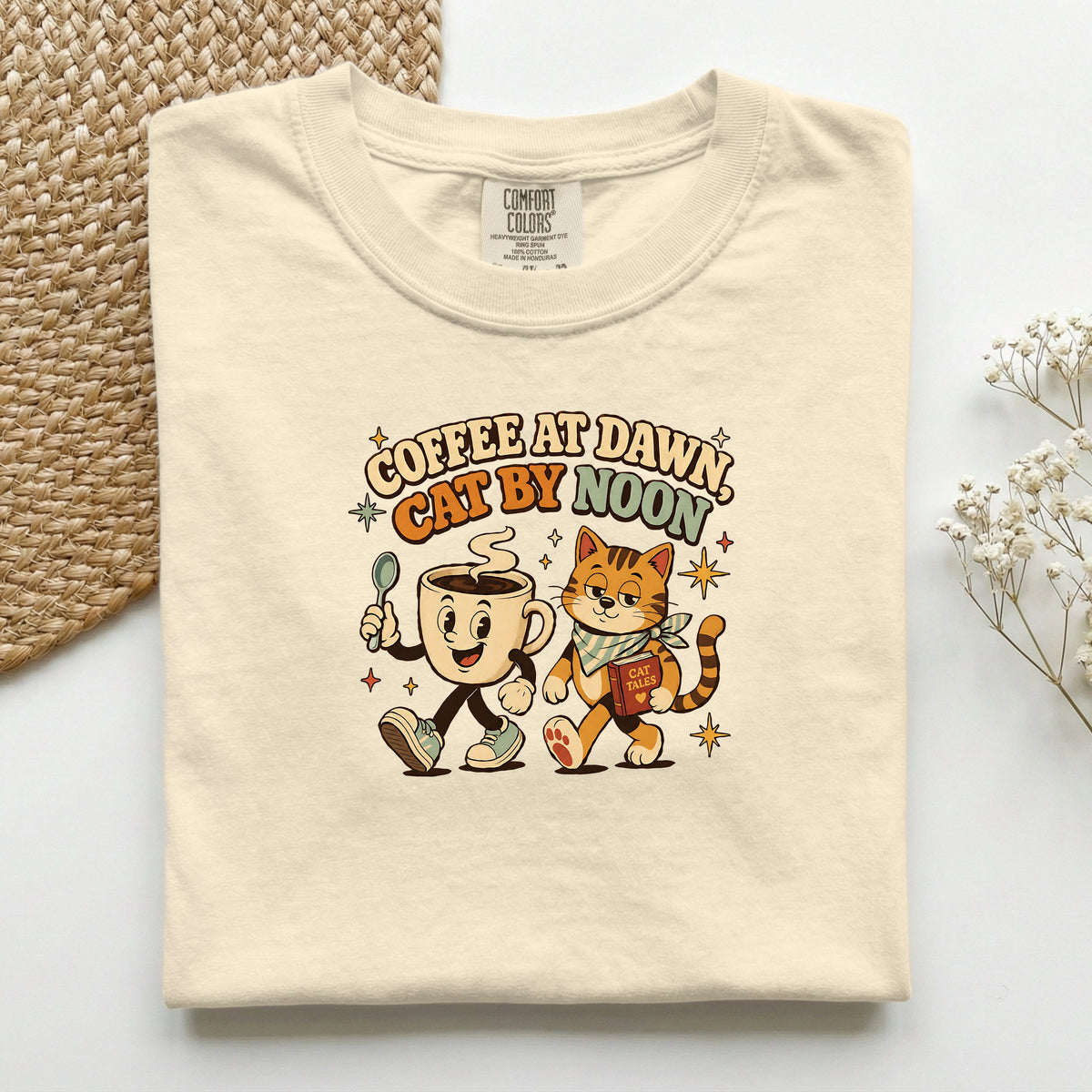 Coffee at Dawn, Cat by Noon Comfort Colors tee in Ivory – cat mum coffee gift