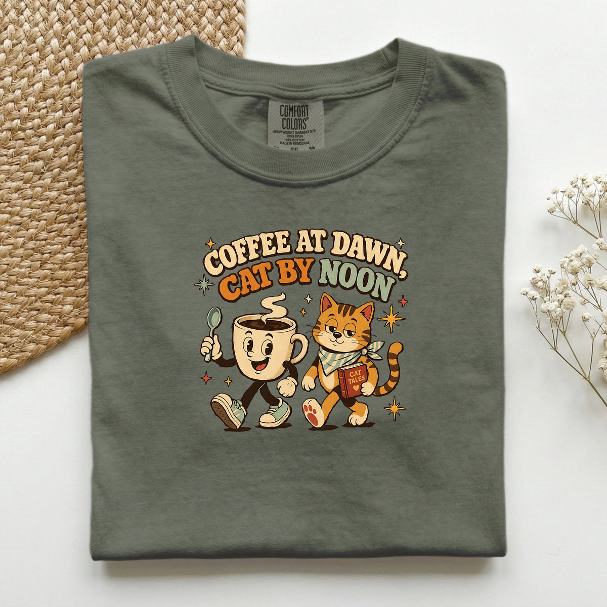 Coffee at Dawn, Cat by Noon Comfort Colors tee in Moss – cat mum coffee gift