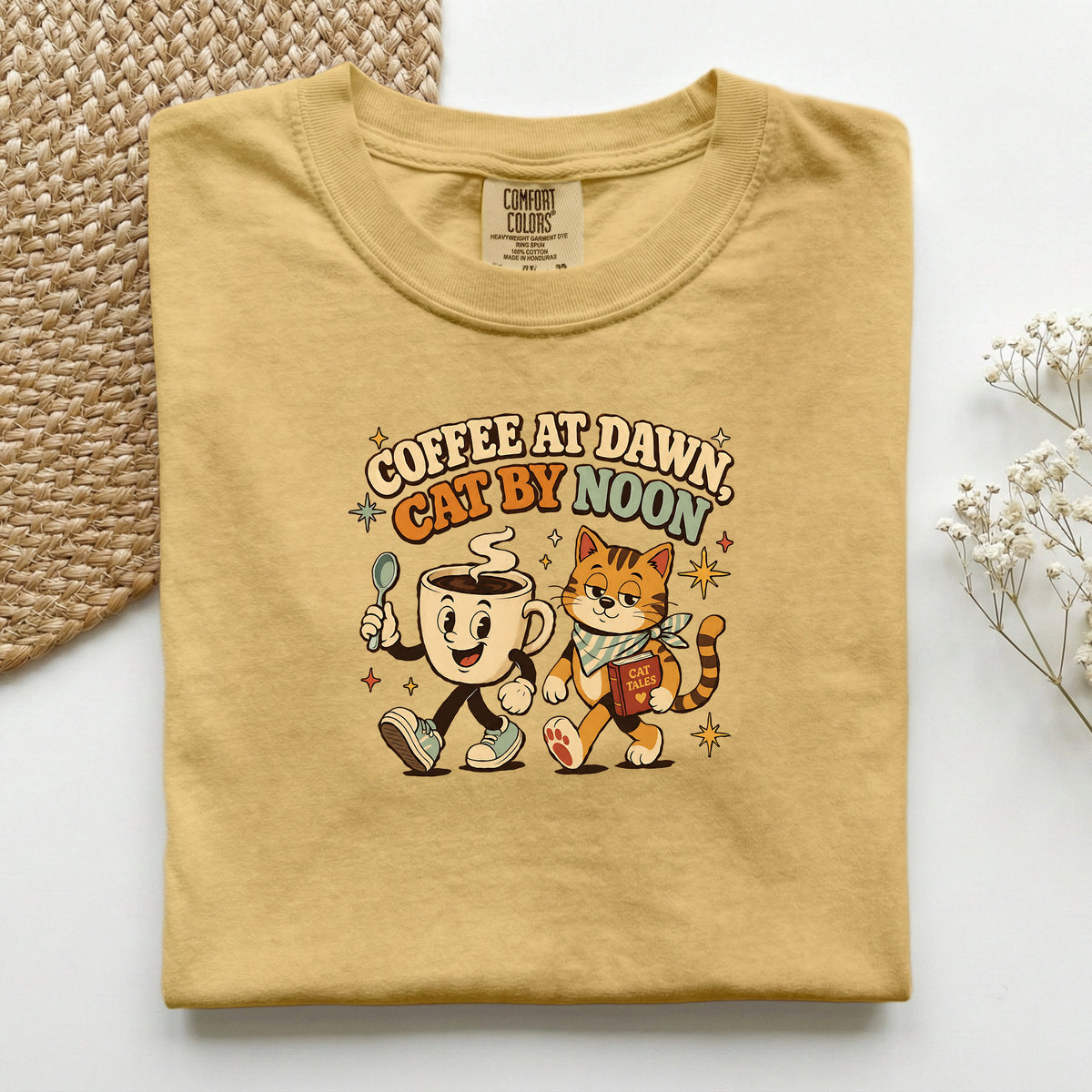 Coffee at Dawn, Cat by Noon Comfort Colors tee in Mustard – cat mum coffee gift