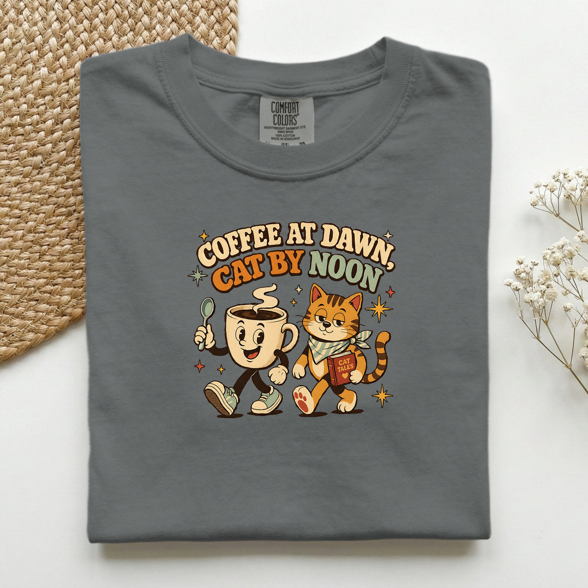 Coffee at Dawn, Cat by Noon Comfort Colors tee in Pepper – cat mum coffee gift