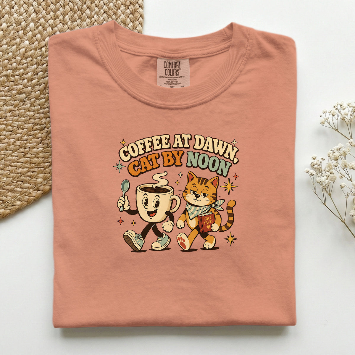 Coffee at Dawn, Cat by Noon Comfort Colors tee in Terracotta – cat mum coffee gift